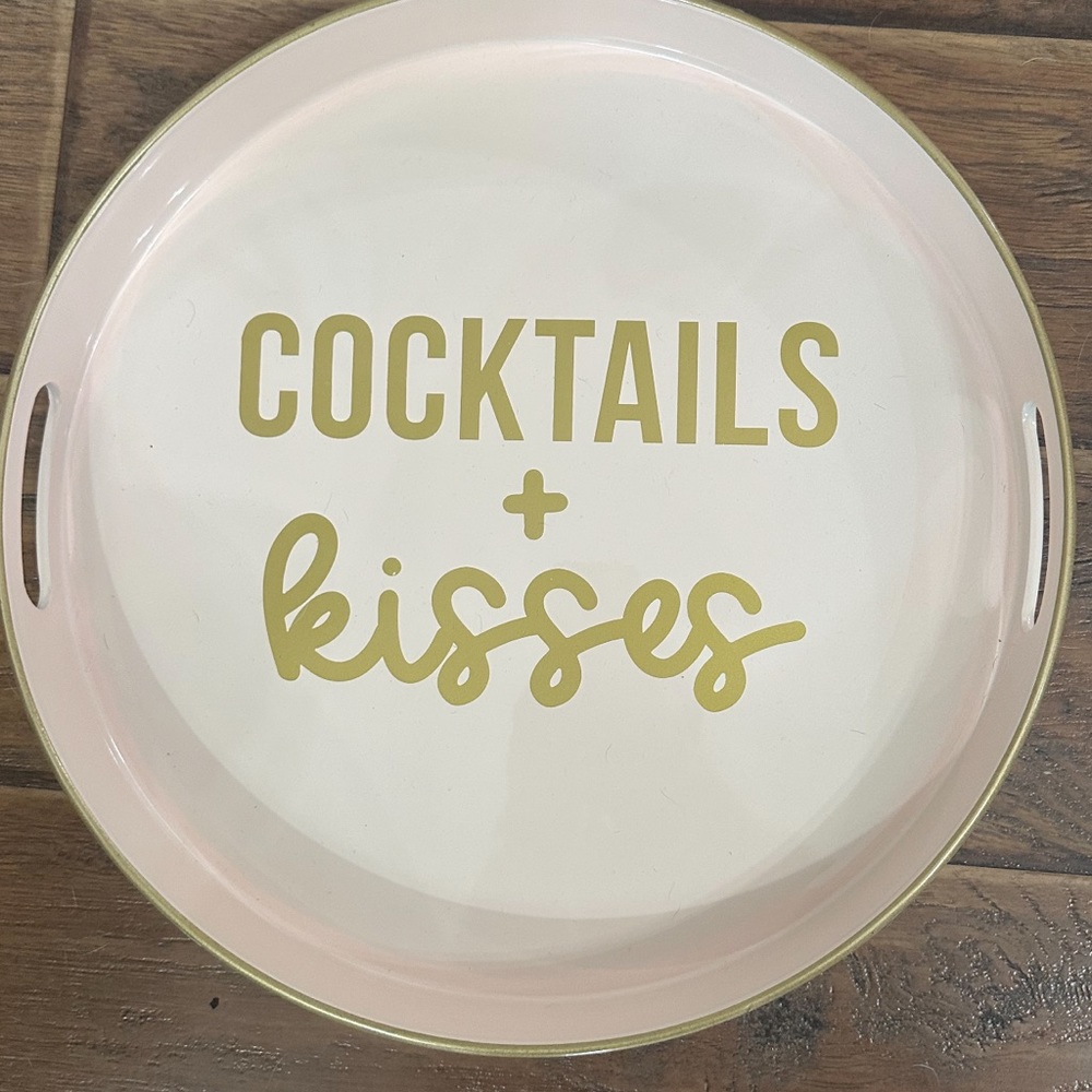 “Cocktails and Kisses” light pink with handles bar tray.